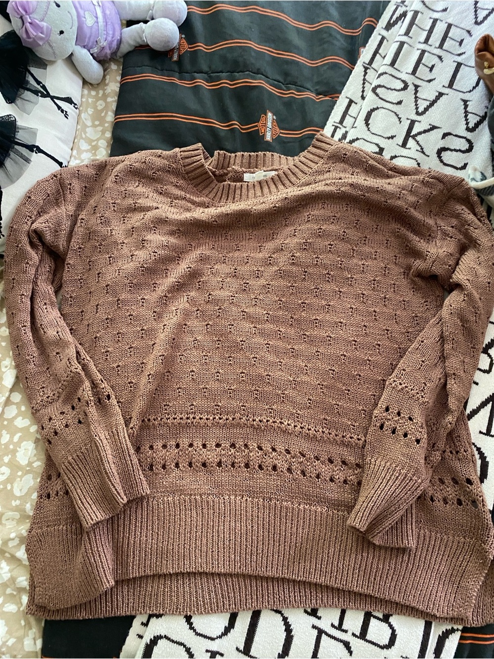 Maurices Mauve-Taupe Crewneck Eyelet Knit Sweater